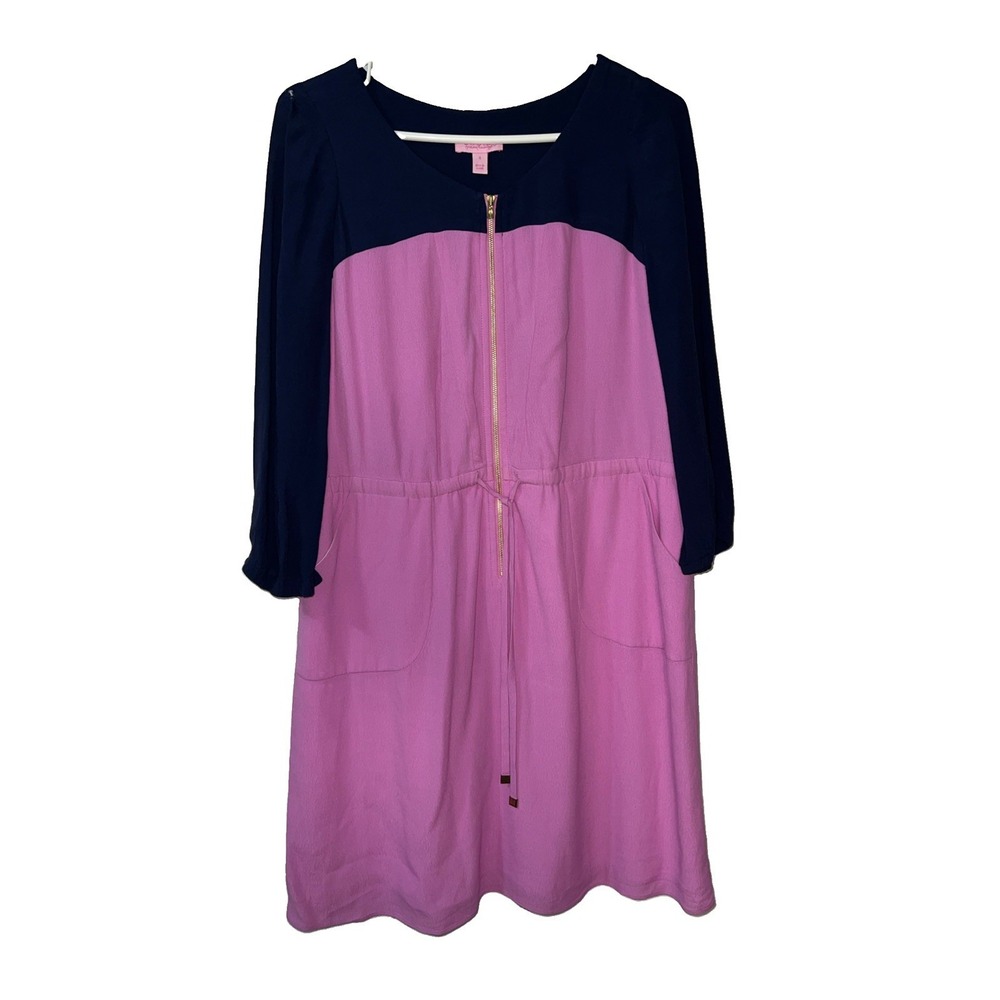 Lilly Pulitzer Navy Pink Colorblock Zip Front Drawstring Dress Size 0 Lined